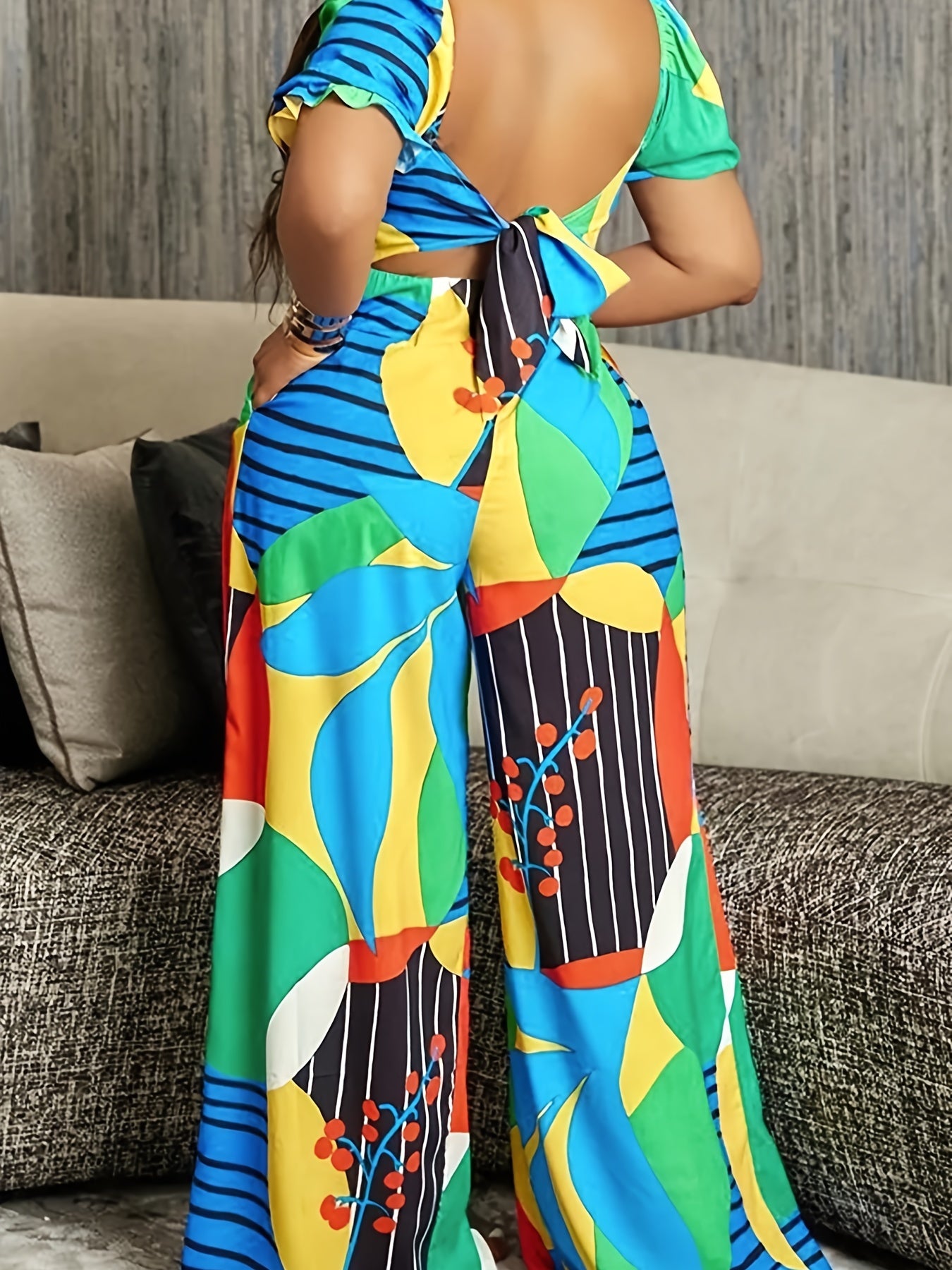 Sexy Jumpsuit Cut Out Bow Knot Back Puff Sleeve V Neck