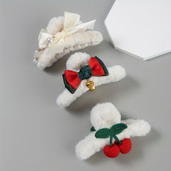 Christmas Plush Hair Clip Bell Bow Cherry Decor Knit Hair Clips Girls