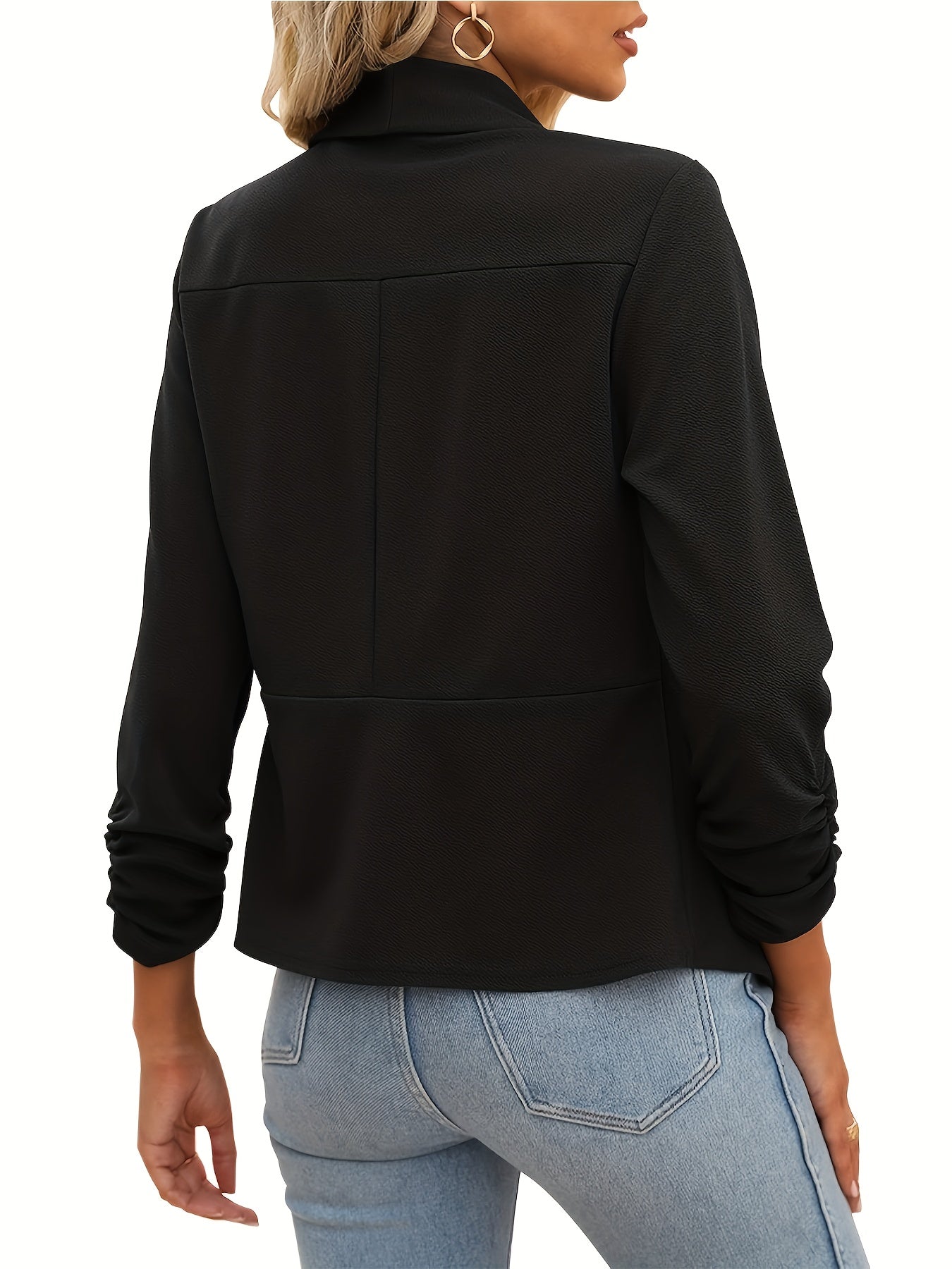 Ruched 3/4 Sleeve Blazer Shawl Collar Open Front