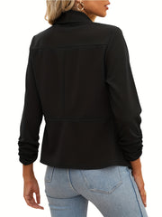 Ruched 3/4 Sleeve Blazer Shawl Collar Open Front