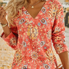Floral Print V Neck Sweatshirt Long Sleeve Casual Top