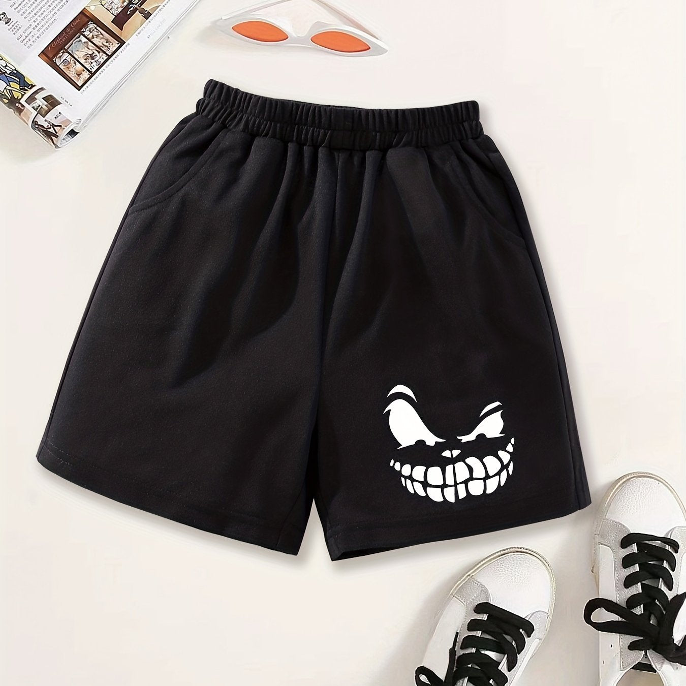 Girls Smile Print Casual Sweat Shorts Elastic Waist Work Out Shorts