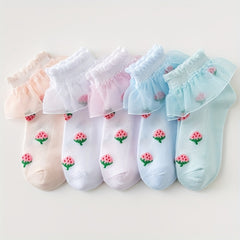 Girls Cotton Blend Lace Ruffle Ankle Socks Strawberry Pattern Candy Crew Socks