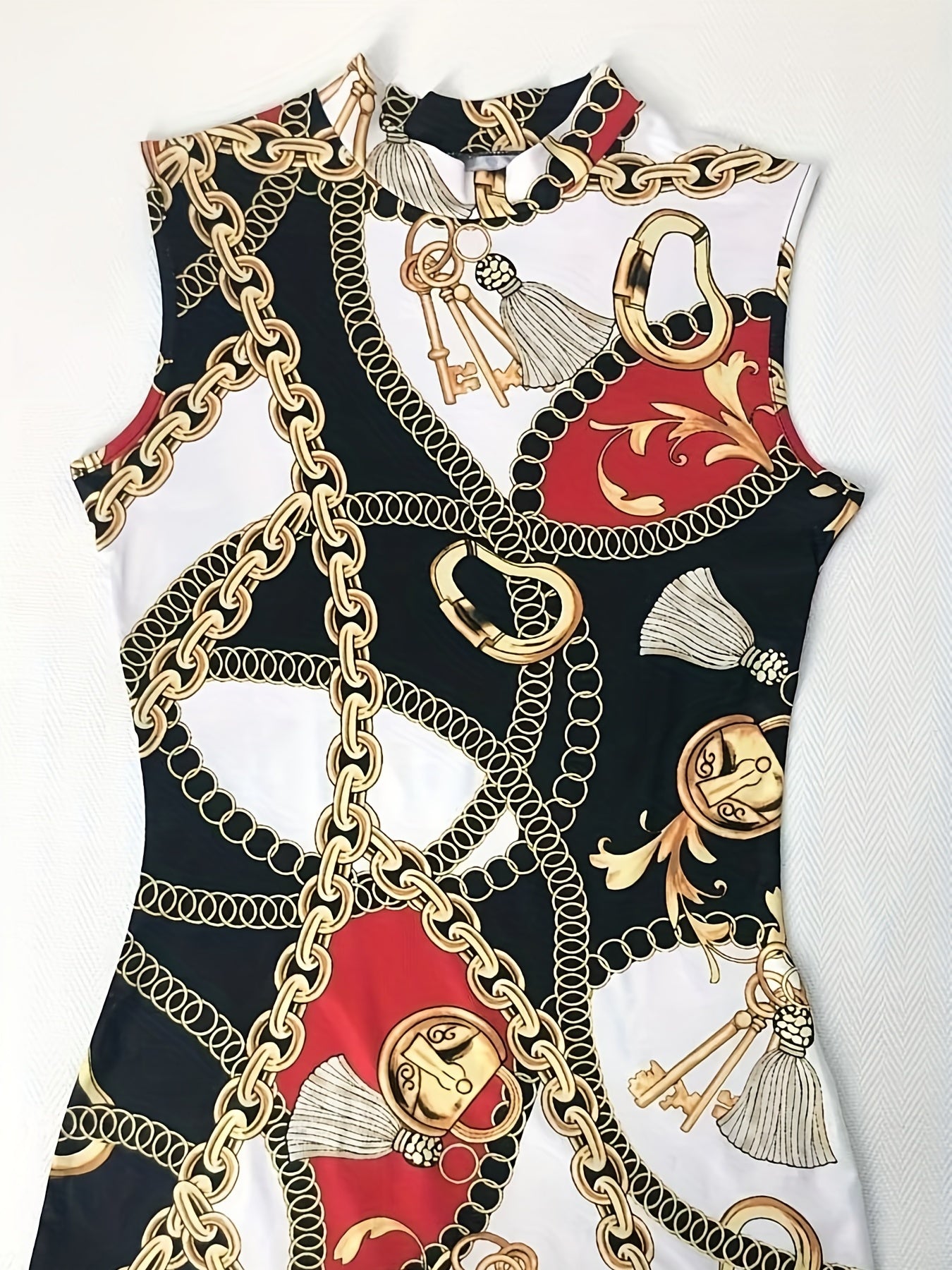 Chain Print Tank Dress Crew Neck Sleeveless Bag Hip Dress
