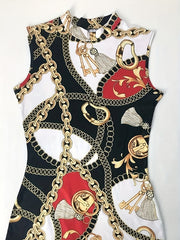 Chain Print Tank Dress Crew Neck Sleeveless Bag Hip Dress