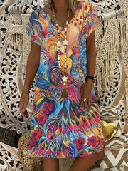 Abstract Print T Shirt Dresses Short Sleeve V Neck Causal Dresses