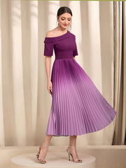 Ombre One Shoulder Pleated Dress Short Sleeve Dress For Banquet