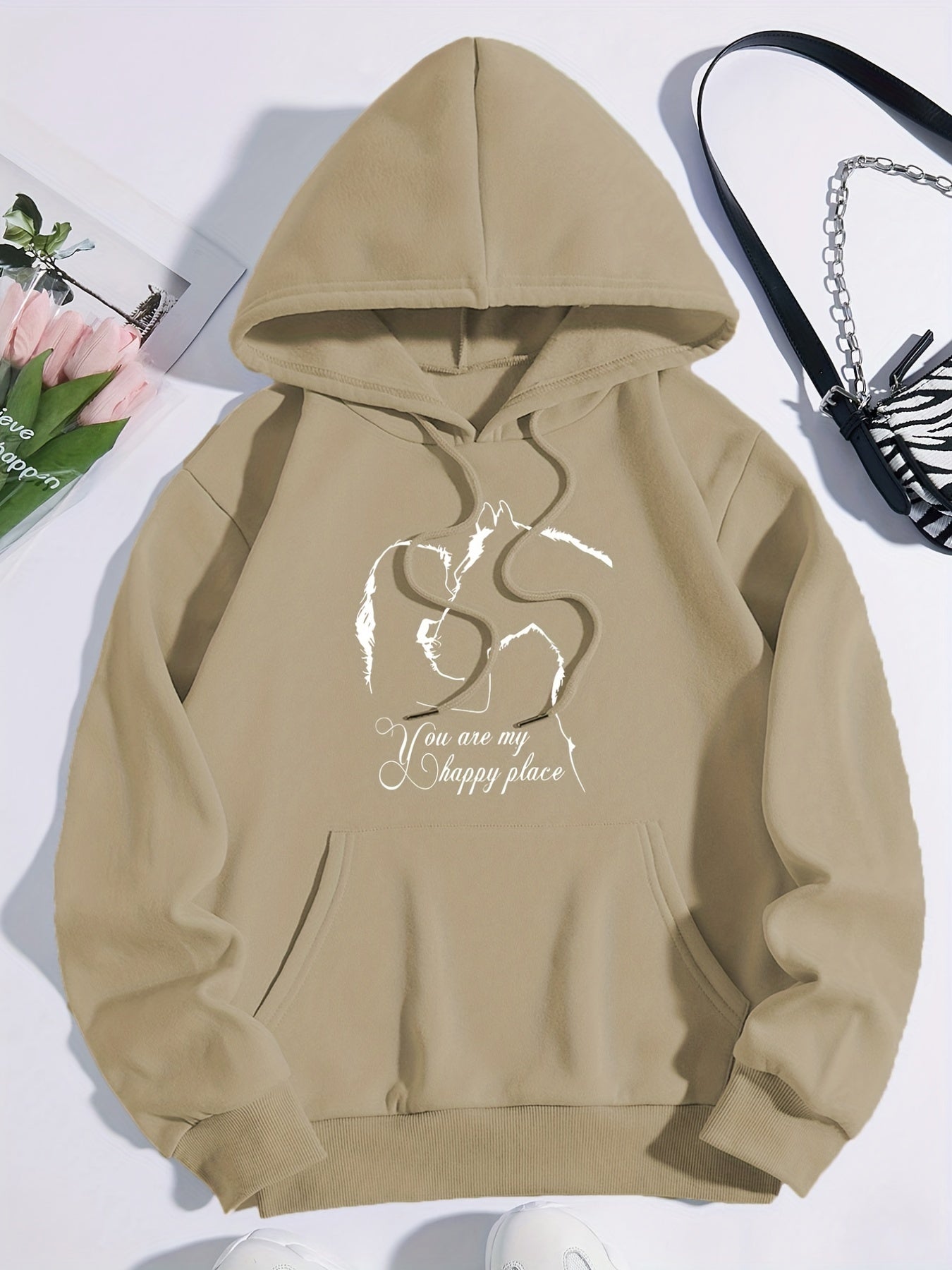 Girl & Horse Print Kangaroo Pocket Hoodie Long Sleeve Drawstring Hoodies