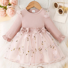 Baby Girls Mesh Dress Long Sleeve Bow Floral Embroidered Princess Dress
