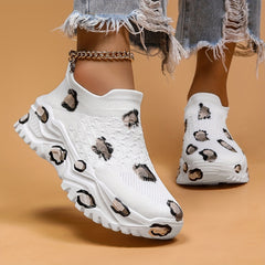 Leopard Print Platform Sneakers Slip On Breathable Running Shoes