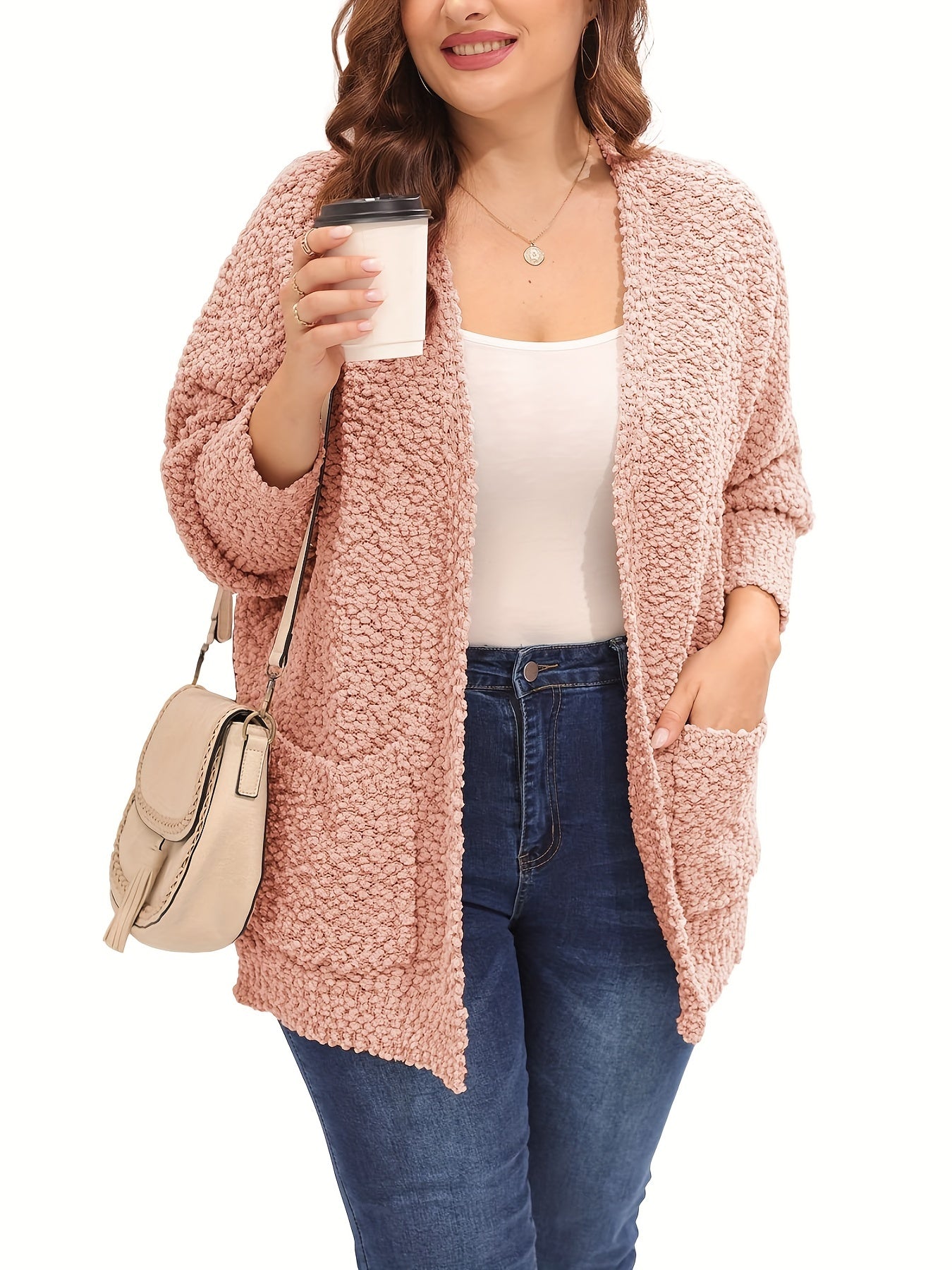 Casual Cardigan Women's Plus Fluffy Long Sleeve Slight Stretch