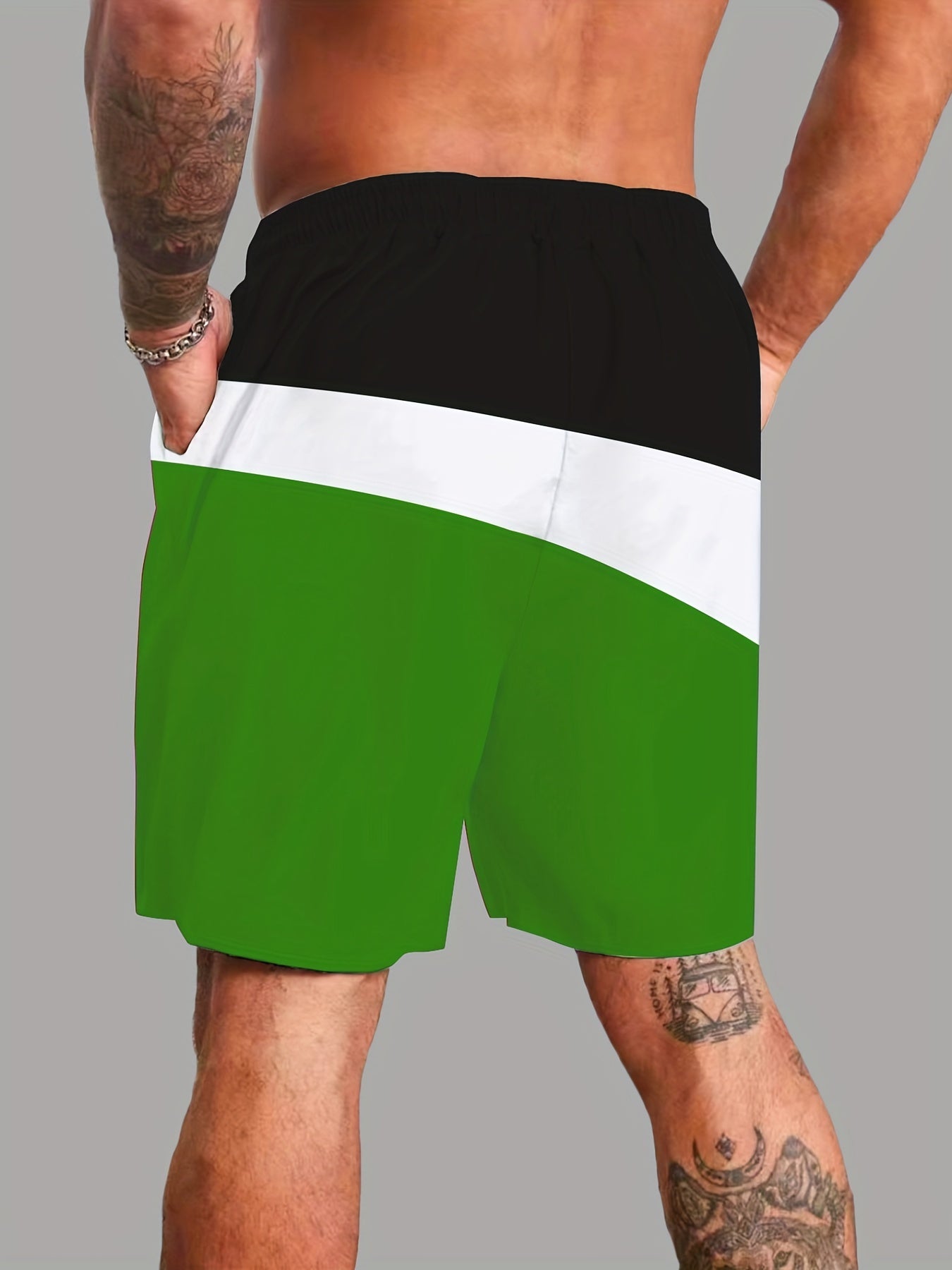 Block Pattern Print Men's Swim Trunks Quick Dry Drawstring Beach Shorts