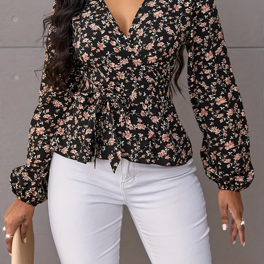 Boho Blouse Women's Plus Ditsy Floral Print Lantern Sleeve