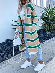 Striped Open Front Sweater Cardigan With Pockets