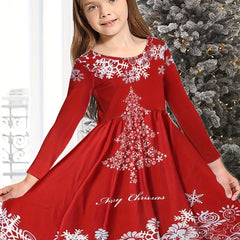 Girls 3D Snow Print Christmas Tree Dress