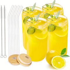 4pcs Glass Cups With Bamboo Lids Glass Straws and Cleaning Brushes