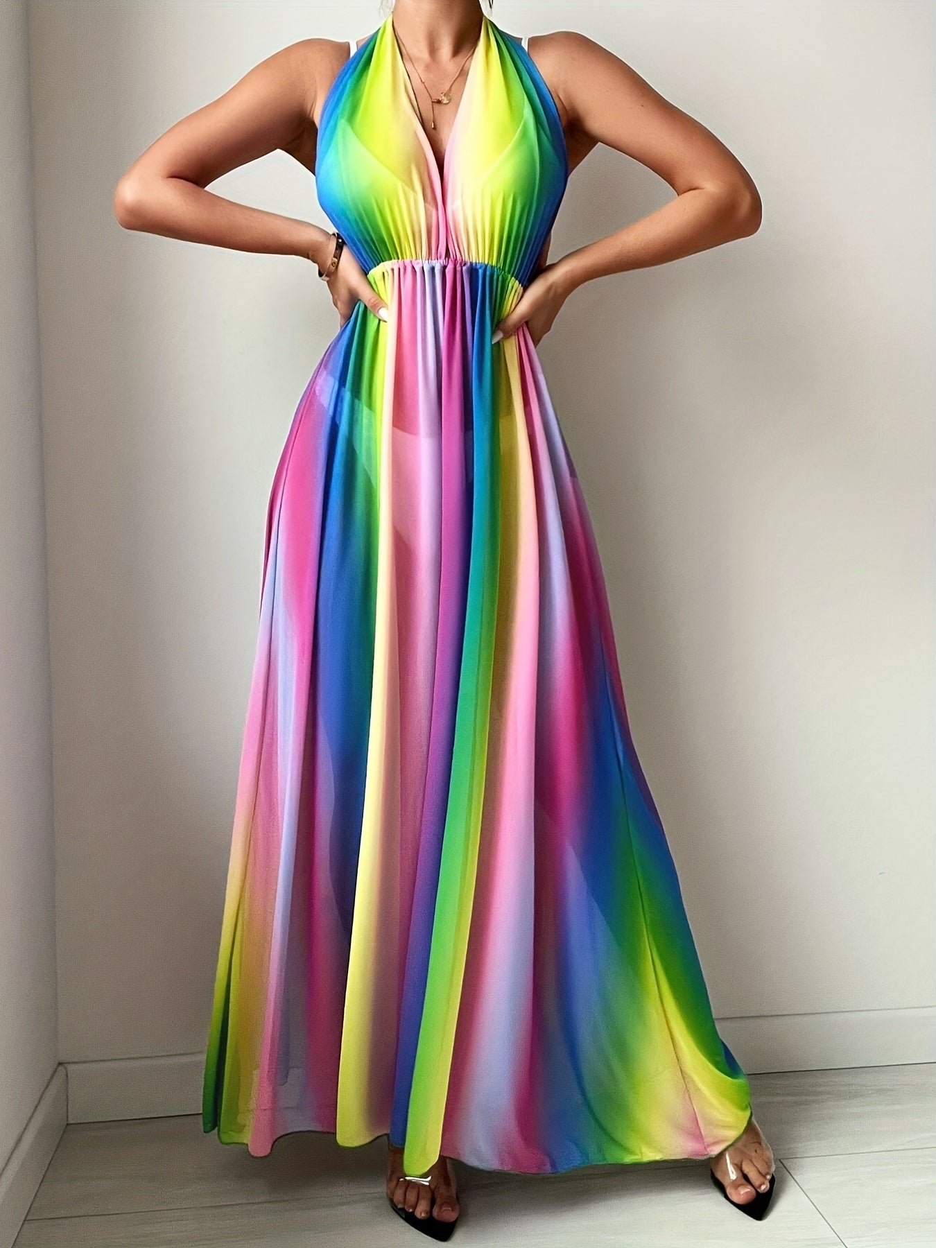Rainbow Striped Cover Up Dress Halter V Neck Loose Fit Backless Beachwear