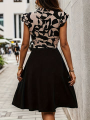 Geo Print Splicing Dress V Neck Ruffle Trim