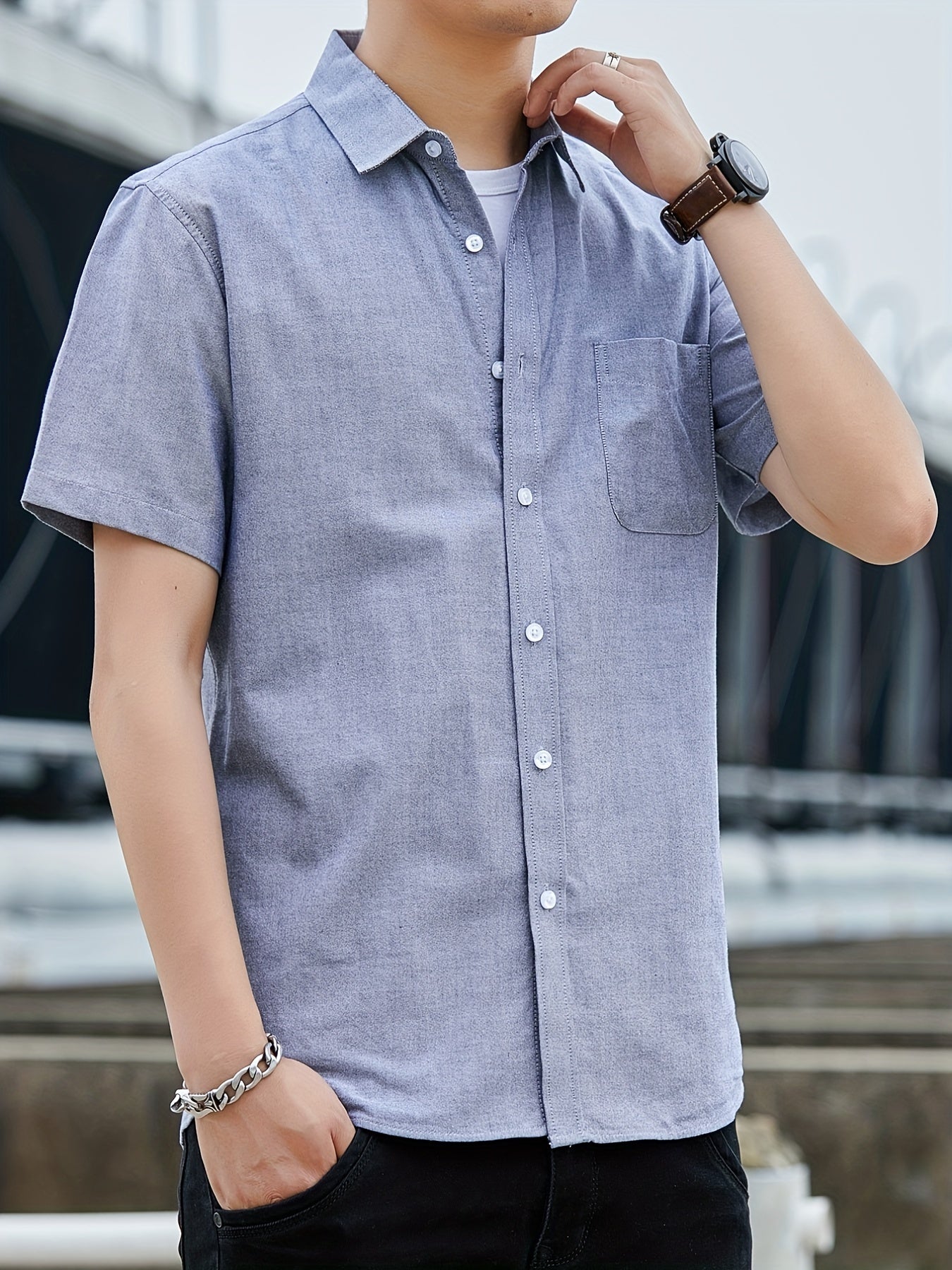 Men s Casual Cotton Shirt Vintage Style Short Sleeve Shirt With Chest Pocket