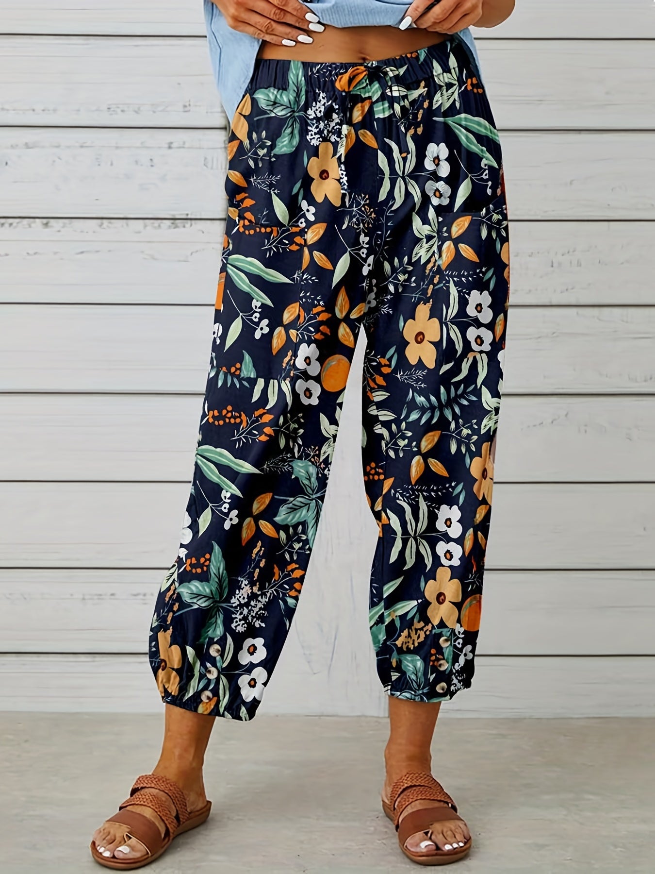 Floral Print Cropped Pants High Waist Loose Casual Pants