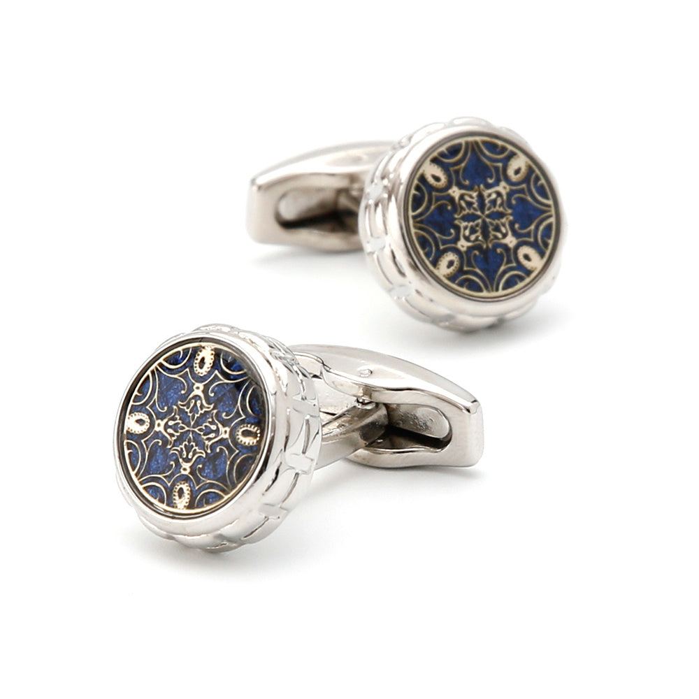 French Vintage Silver Men's Cufflinks, Round Pattern