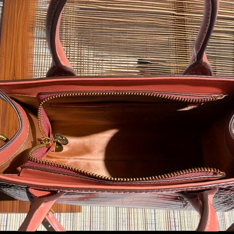 Vintage Pink Crocodile Pattern Handbag with Removable Strap