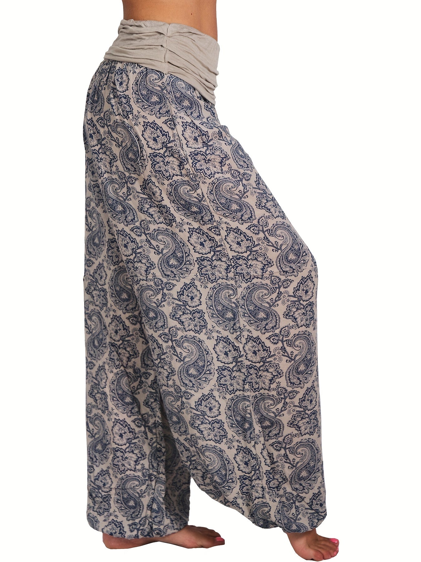 Floral Print Harem Pants High Waist Solid Pants For Spring & Summer