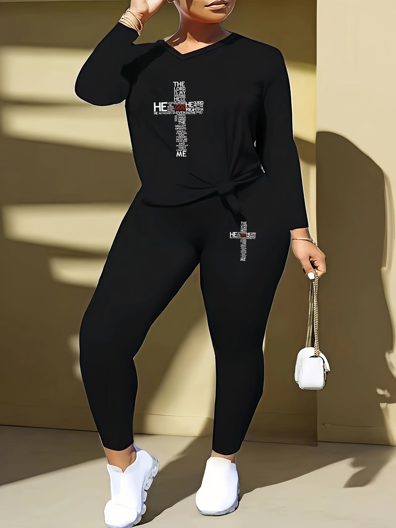 Women's Plus Slogan Print Long Sleeve Top & Leggings Set