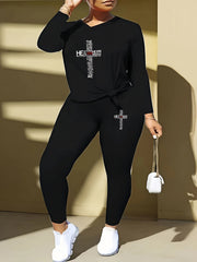 Women's Plus Slogan Print Long Sleeve Top & Leggings Set