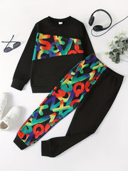 Boy's 2pcs Cartoon Letter Camo Sweatshirt & Sweatpants Set