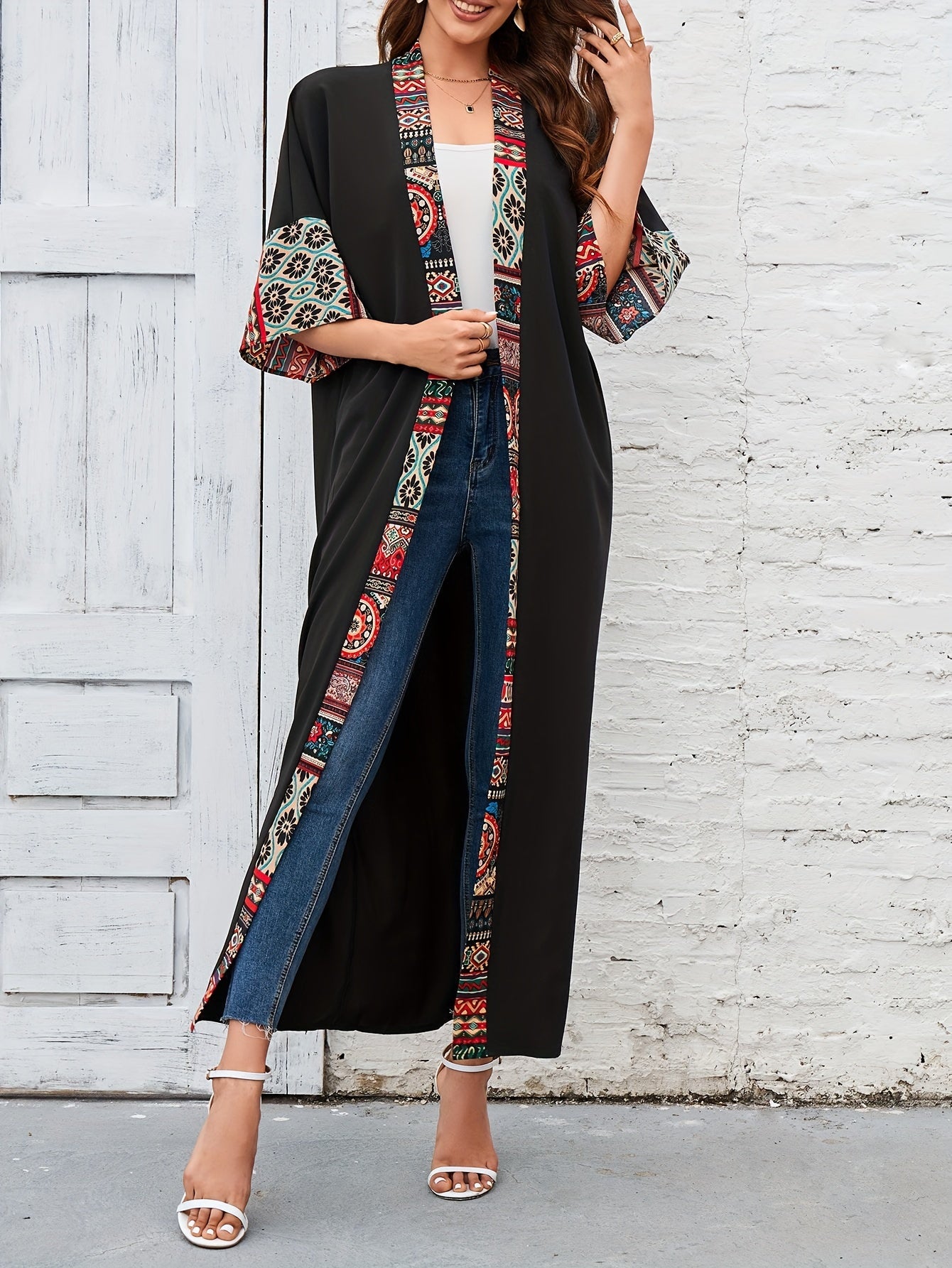 Geometric Pattern Contrast Band Beach Cover Up Half Sleeve Sun Protection