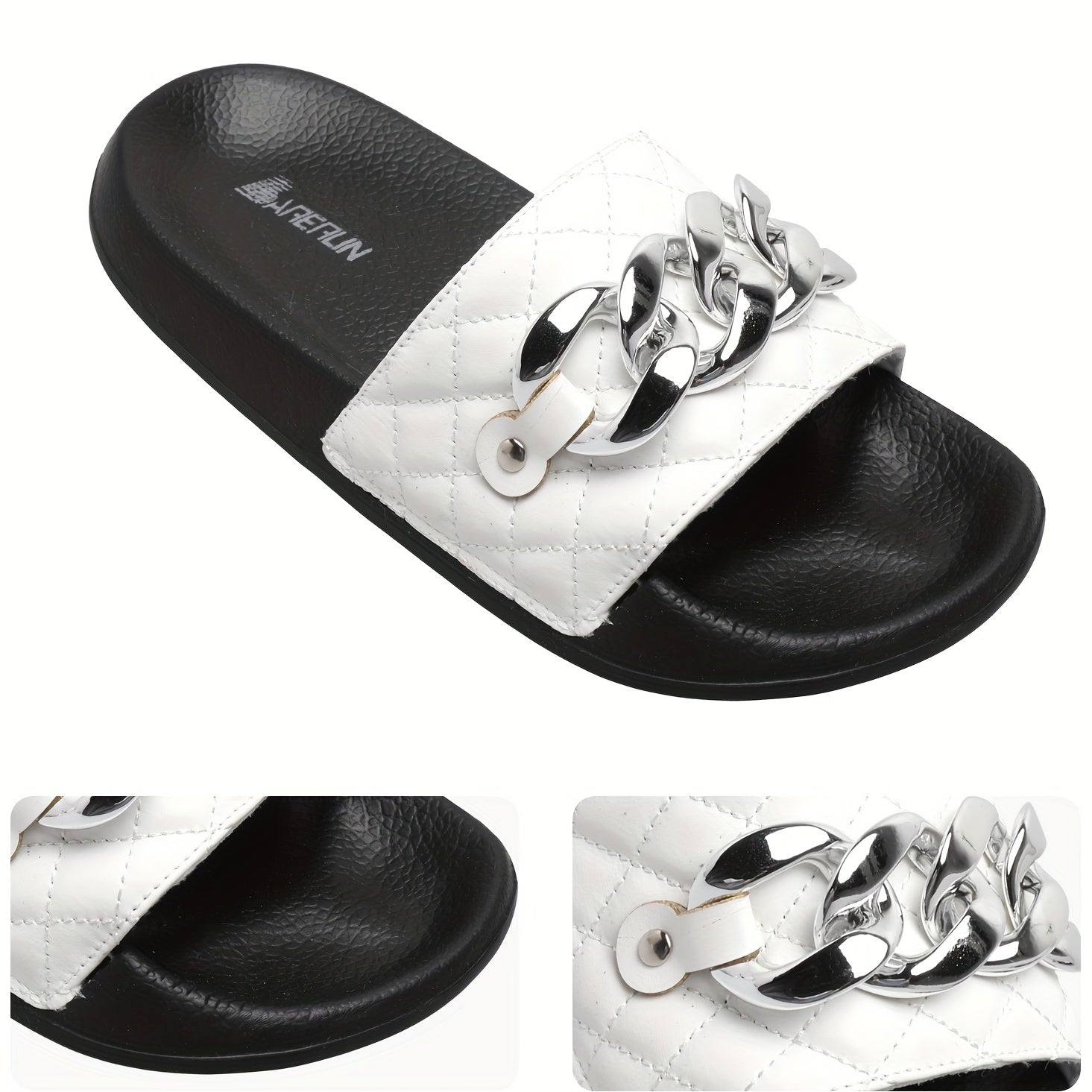 Women's Chain Decor Quilted Slide Shoes, Arch Support Sandals