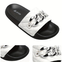 Women's Chain Decor Quilted Slide Shoes, Arch Support Sandals