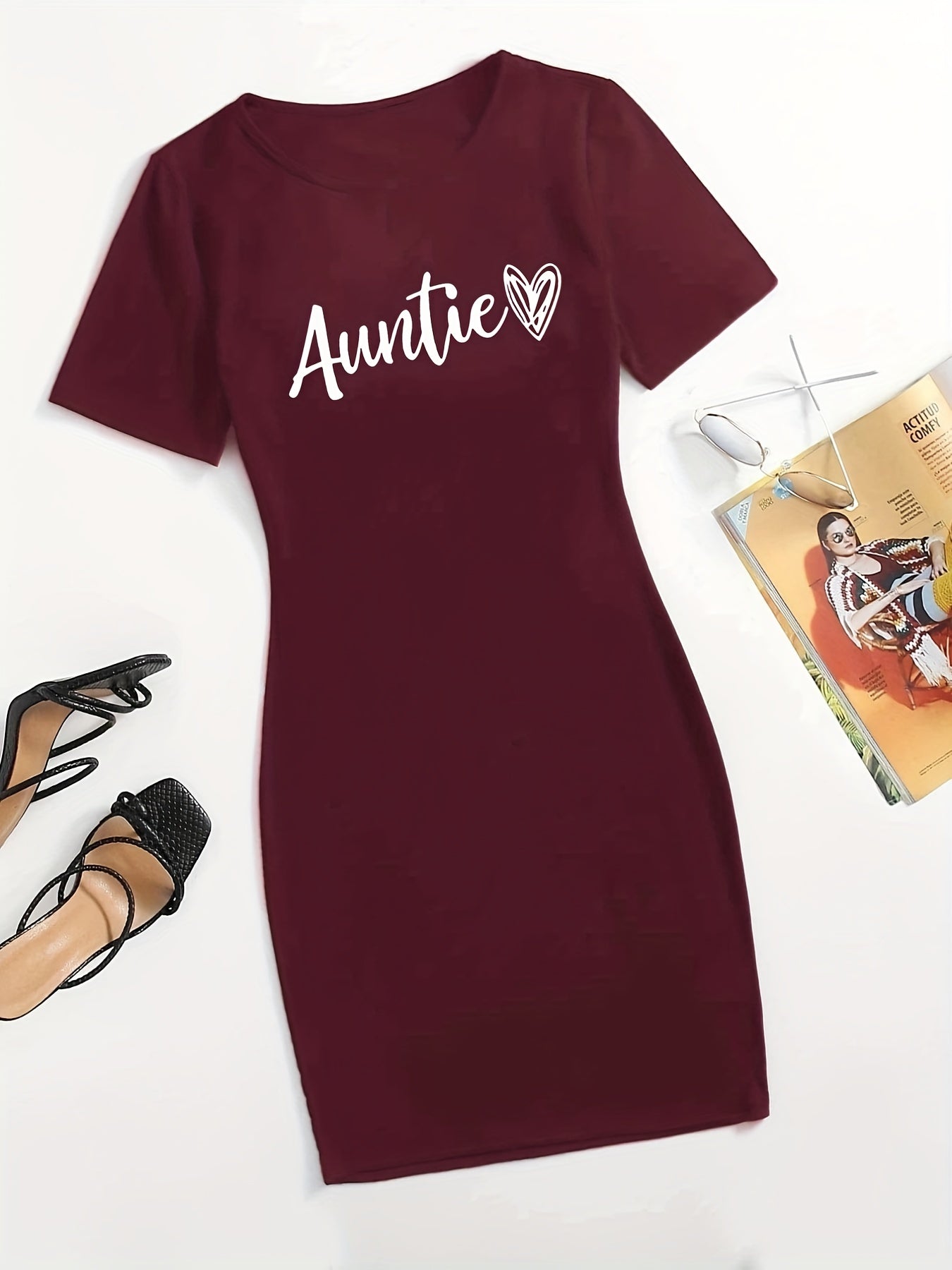 Letter & Heart Print Bodycon Dress Casual Tee Dress