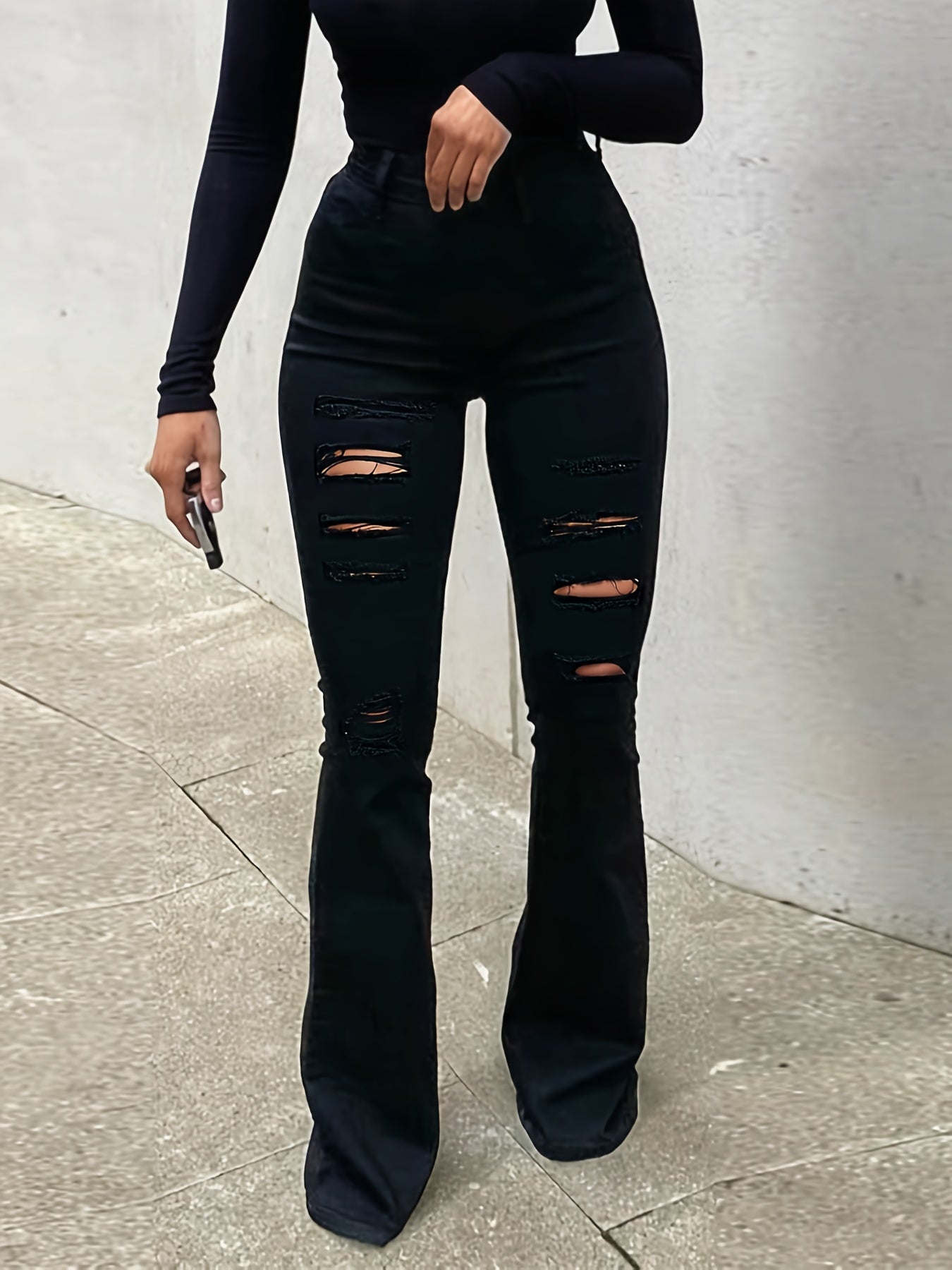 High Waist Ripped Bootcut Denim Jeans Slim Fitting Flare Legs Pants
