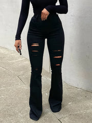 High Waist Ripped Bootcut Denim Jeans Slim Fitting Flare Legs Pants