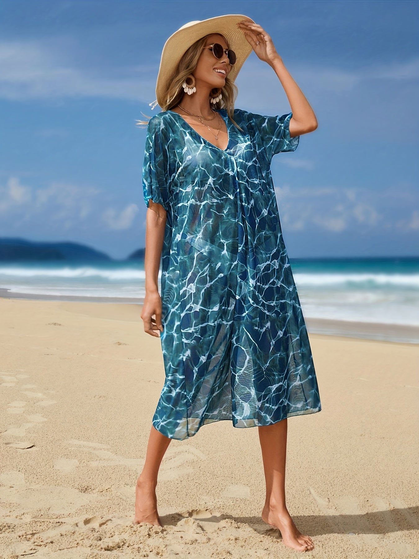 Ripple Print Cover Up Dress V Neck Short Sleeves Loose Fit Semi Sheer Beach Kaft