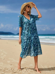 Ripple Print Cover Up Dress V Neck Short Sleeves Loose Fit Semi Sheer Beach Kaft