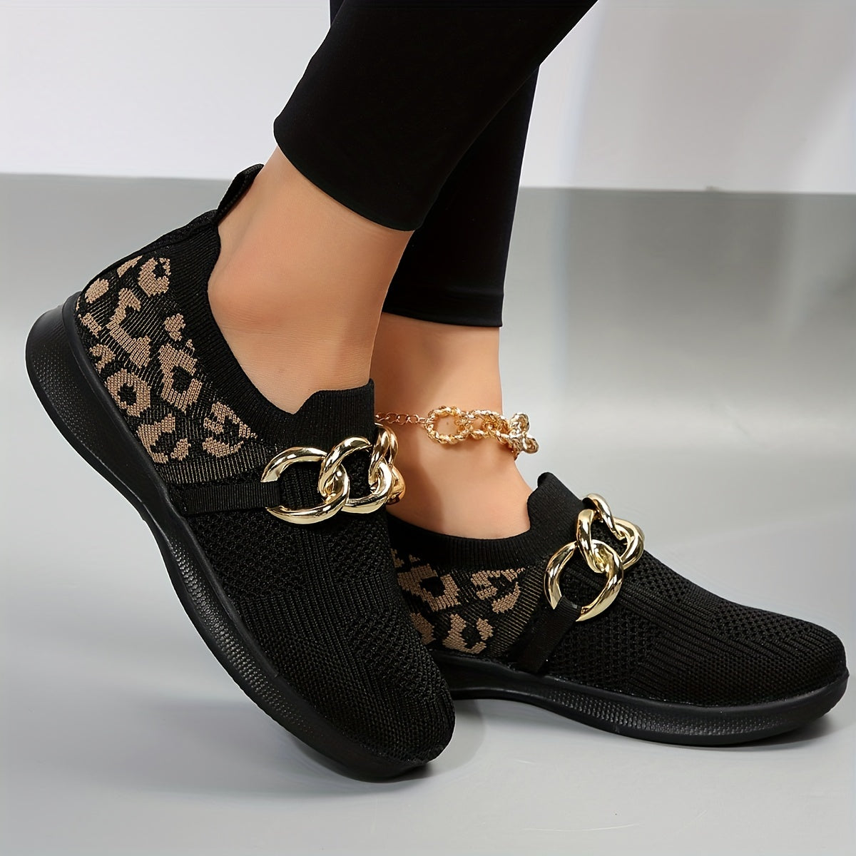 Women's Mesh Slip On Sneakers with Metallic Chain Decor Lightweight Shoes