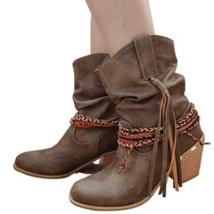 Women's Tassel Western Boots Straw Woven Chunky Heel Cowboy Shoes