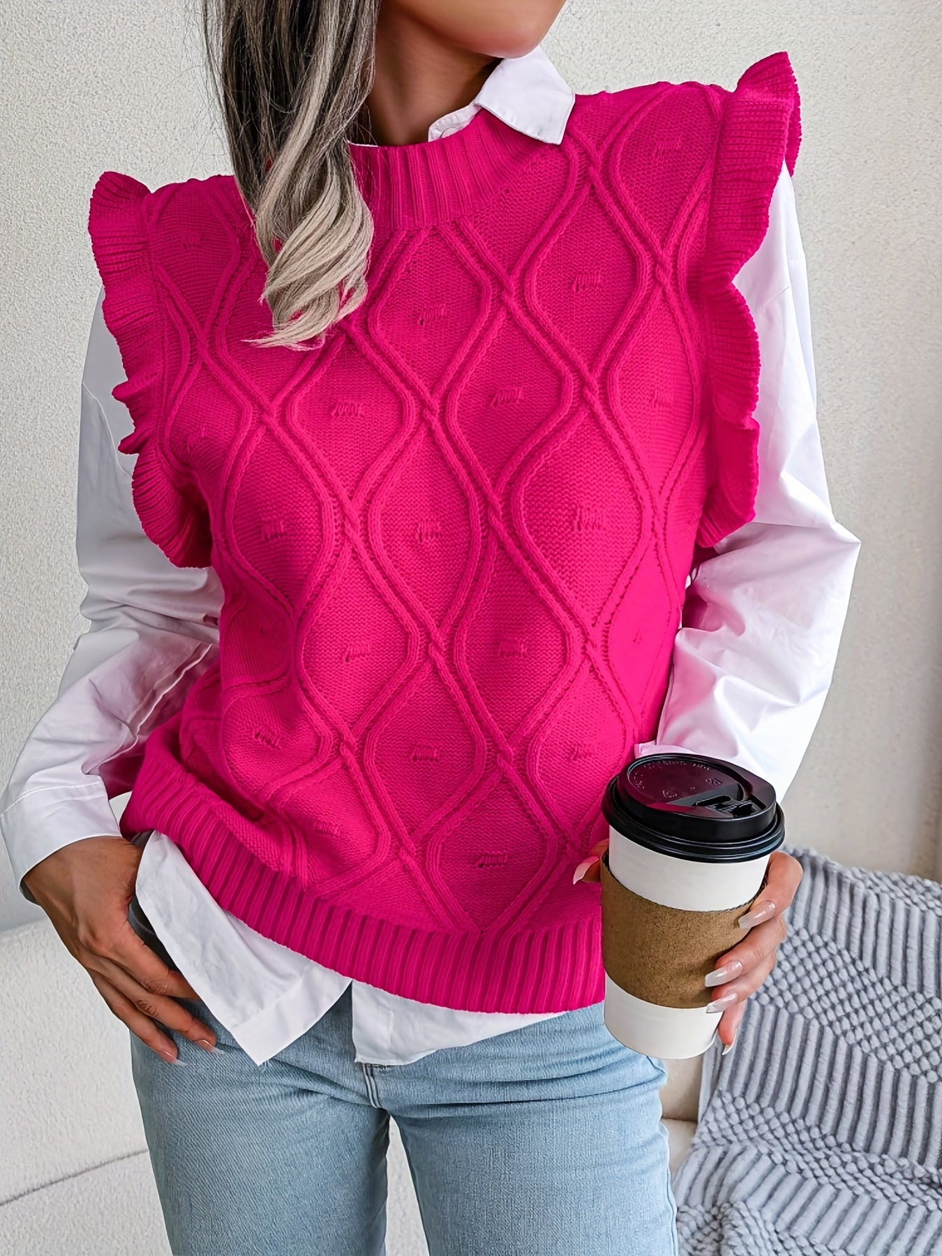 Women's Ruffle Trim Sleeve Polo Neck Knit Tops