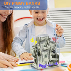 Clear Acrylic Square Piggy Bank with Lock and Door