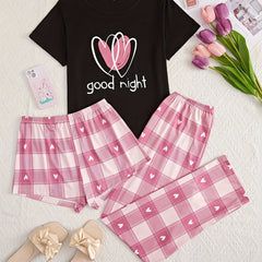 Heart Print Pajama Set Crew Neck Top & Shorts & Plaid Pants