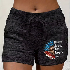 American Flag Drawstring Shorts for Women