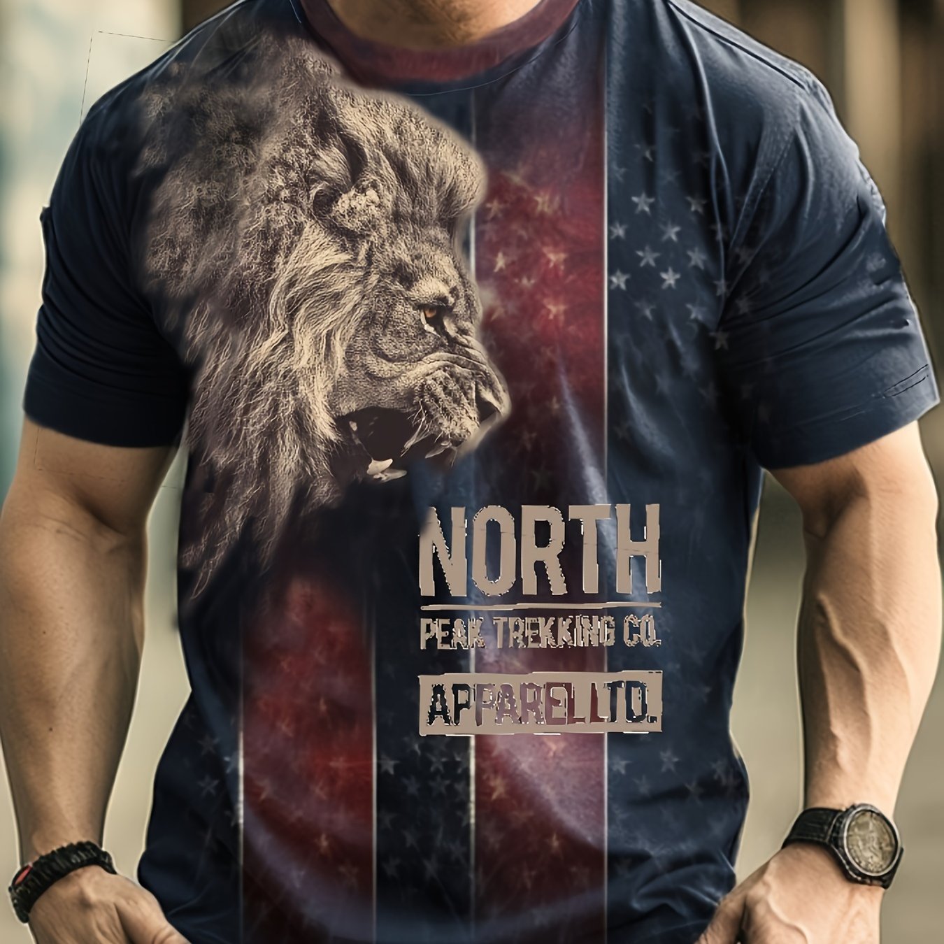 Men's Lion Pattern Sports Tee Shirt Casual Stretch Round Neck Tshirt