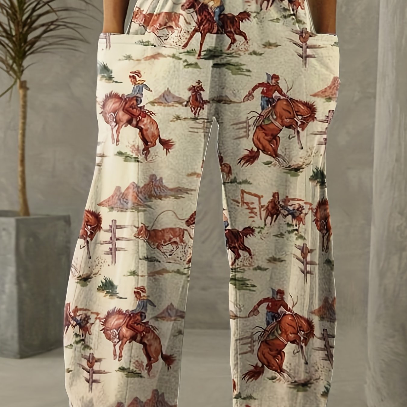Western Style Plus Size Cartoon Print Wide Leg Pants