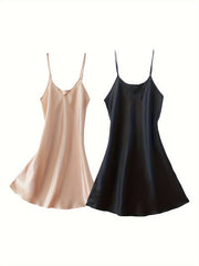 2pcs Solid Satin Slip Lounge Dresses Sleeveless Spaghetti Strap Home Dress
