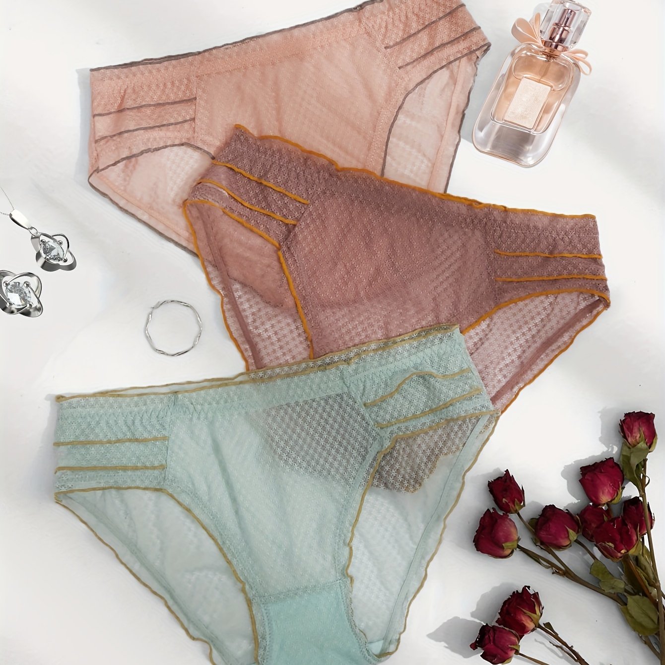 3 Pack Plus Size Panties Set Women's Plus Contrast Ruffle Trim