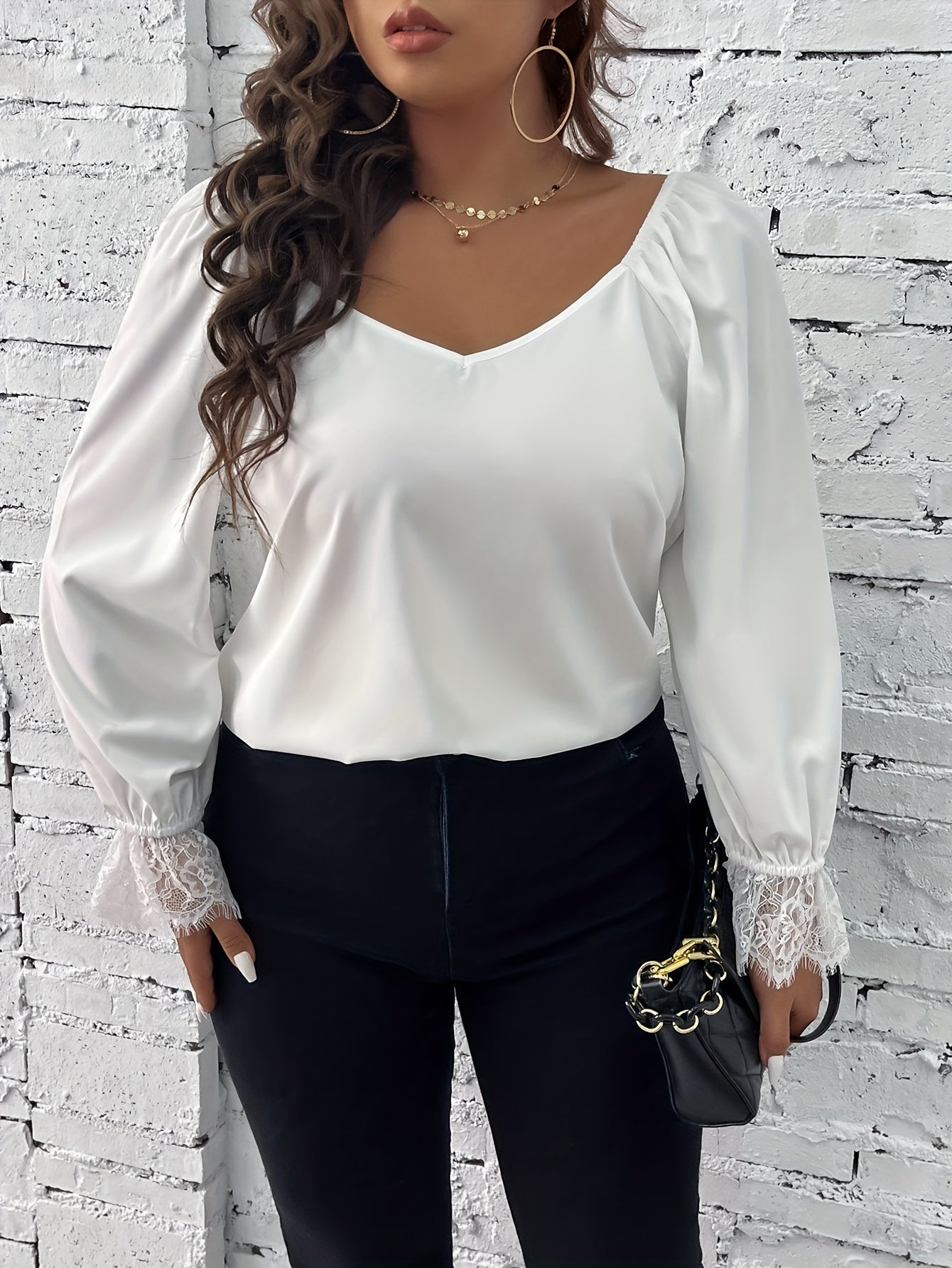 Contrast Lace Sleeve V Neck Blouse