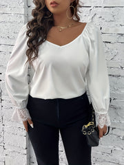 Contrast Lace Sleeve V Neck Blouse